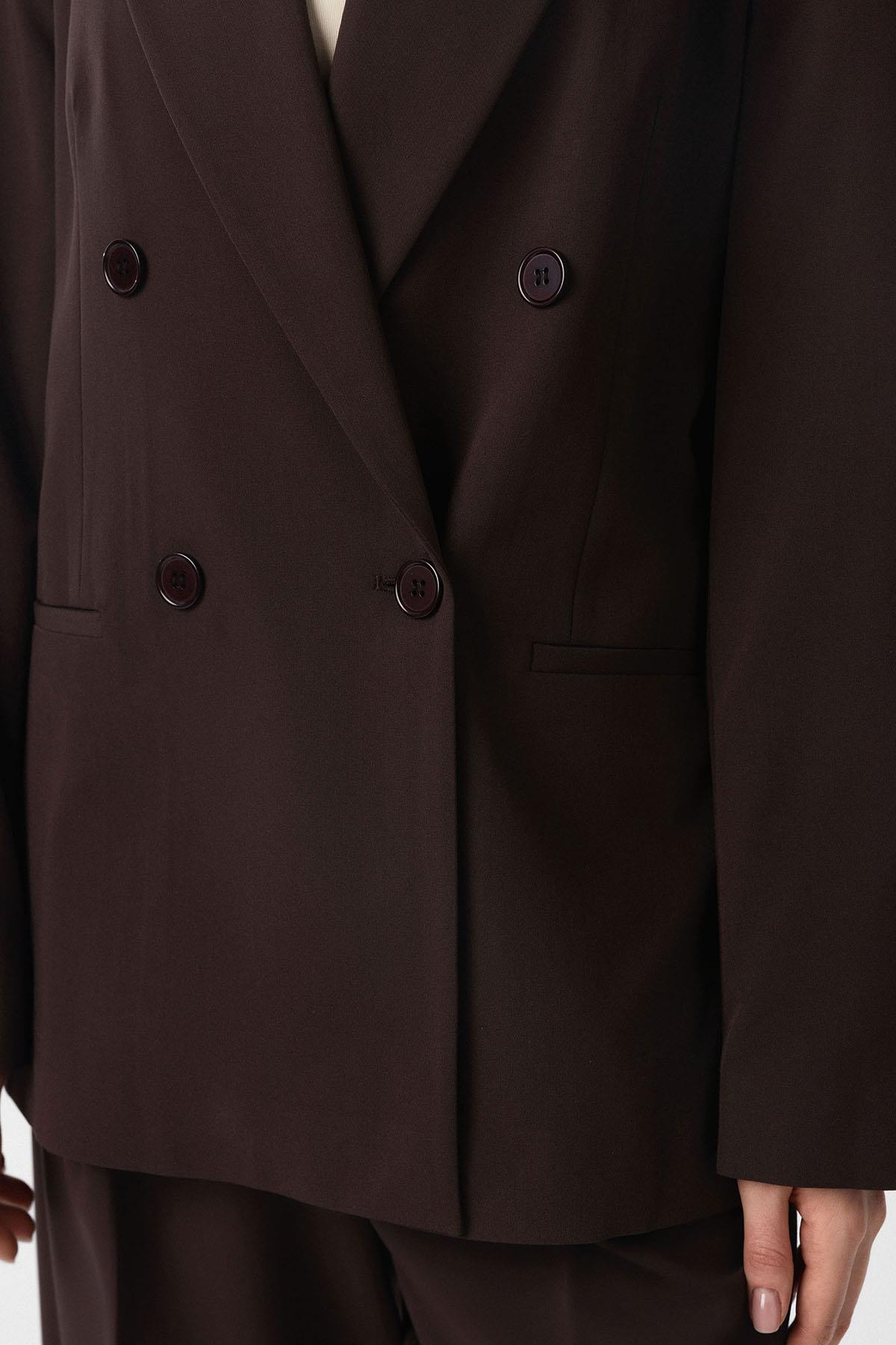 Antioch-Kahve Regular Fit Kruvaze Kadın Blazer Ceket-Blazer Ceket-4-Milagron.com