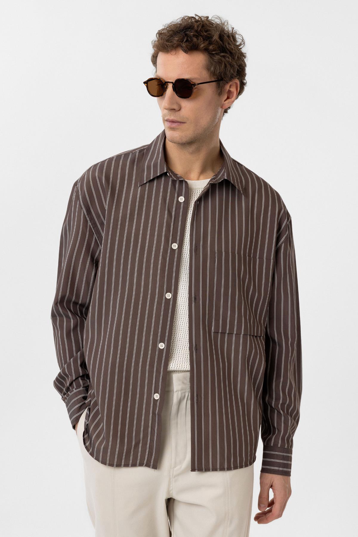 Antioch-Kahve Relax Fit Çizgili Erkek Gömlek-Gömlek-1-Milagron.com