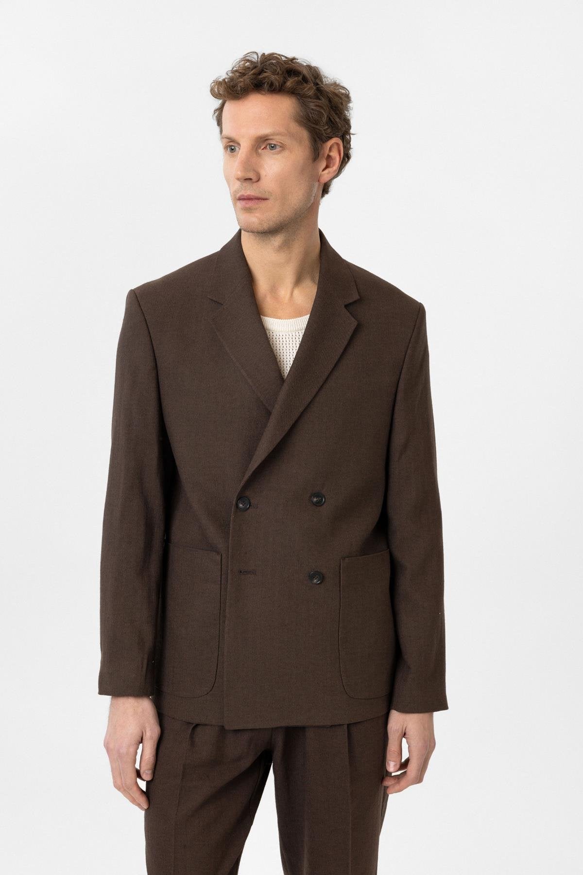 Antioch-Kahve Relax Fit Keten Karışımlı Erkek Blazer Ceket-Blazer Ceket-1-Milagron.com