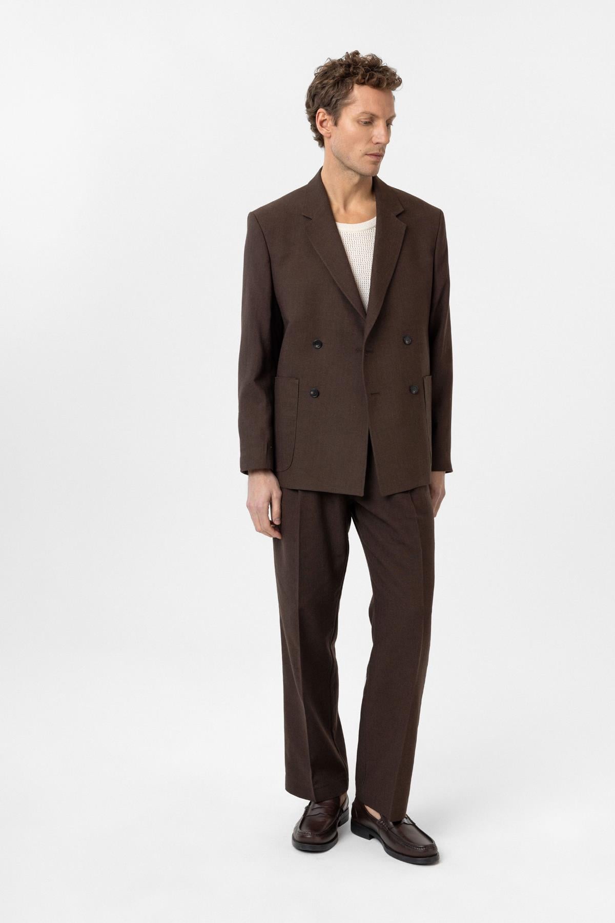 Antioch Kahve Relax Fit Keten Karışımlı Erkek Blazer Ceket