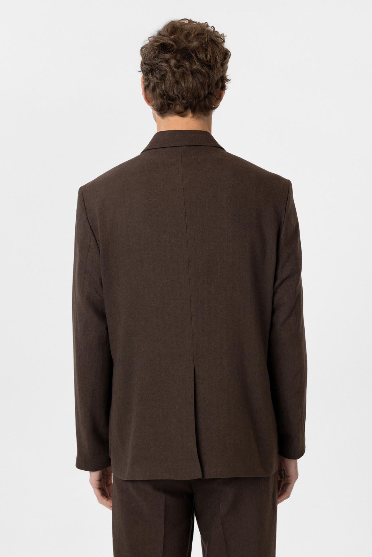 Antioch Kahve Relax Fit Keten Karışımlı Erkek Blazer Ceket