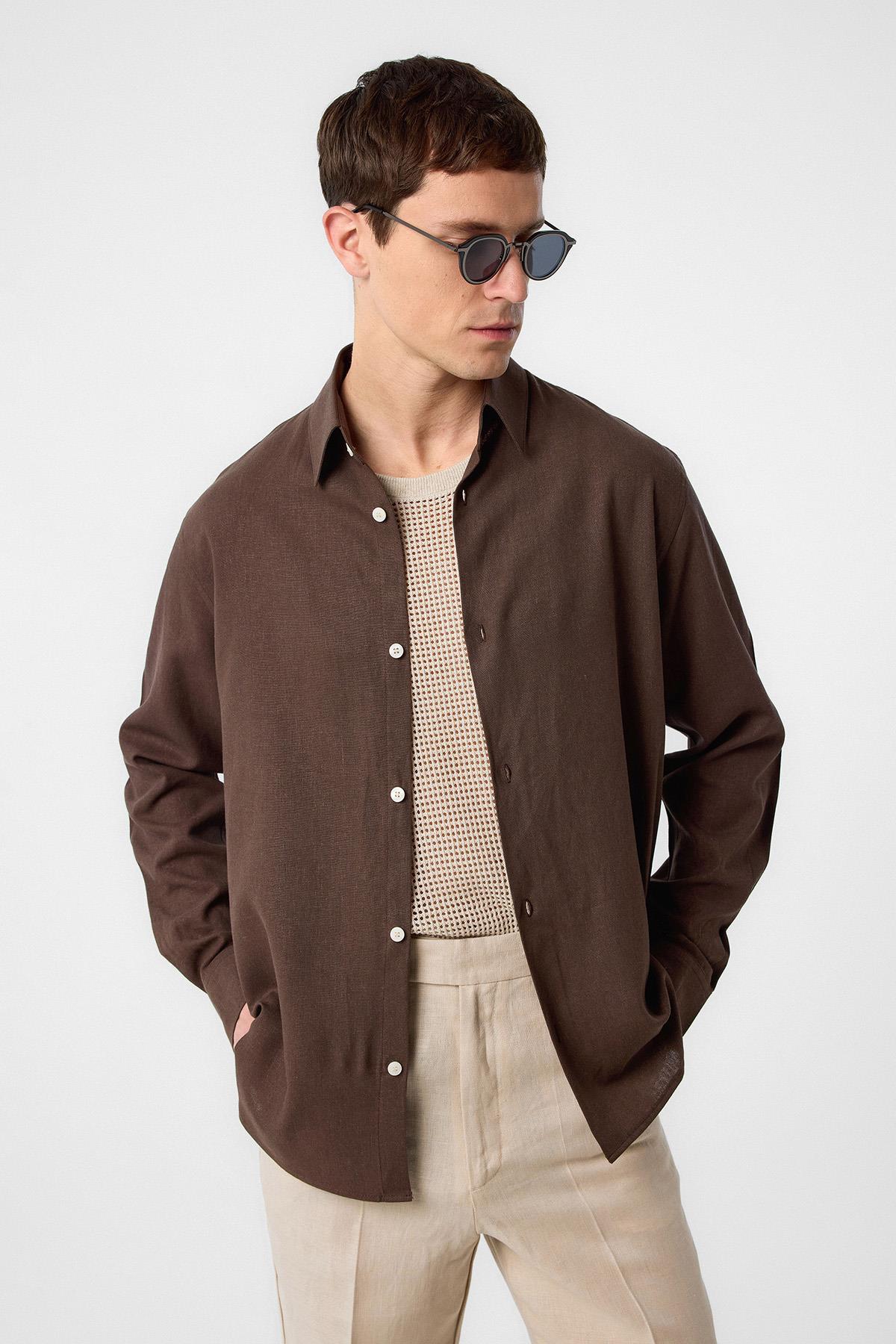 Antioch-Kahve Relax Fit Keten Karışımlı Erkek Gömlek-Gömlek-3-Milagron.com