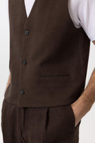 Antioch-Kahve Relax Fit Keten Karışımlı Erkek Yelek-Yelek-4-Milagron.com