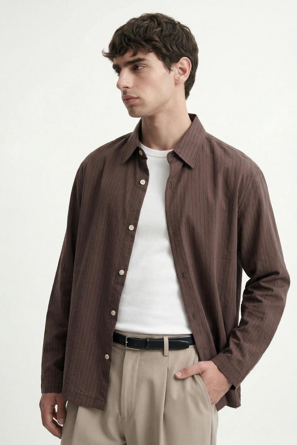 Antioch Kahve Relaxed Fit Çizgili Erkek Gömlek