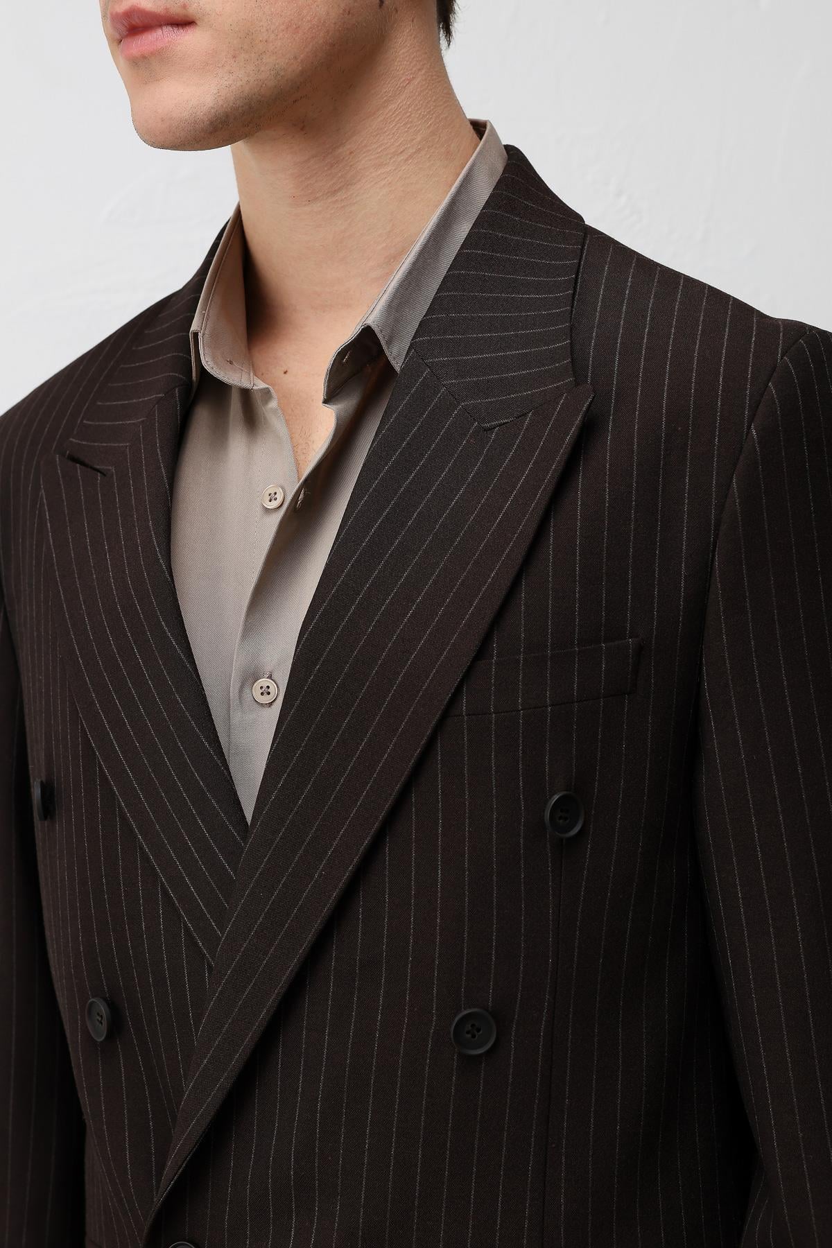 Antioch Kahve Relaxed Fit Çizgili Erkek Takım Elbise
