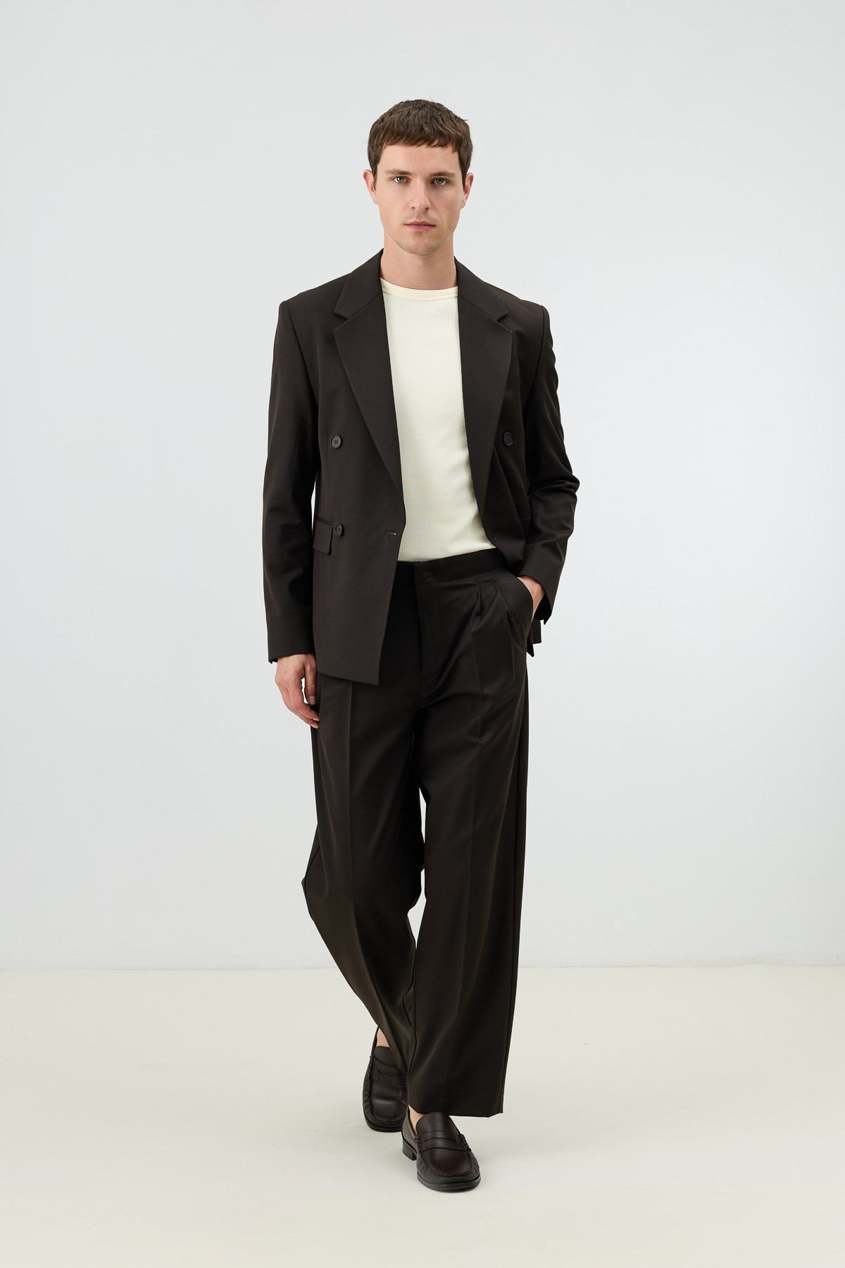 Antioch Kahve Relaxed Kruvaze Erkek Blazer Ceket