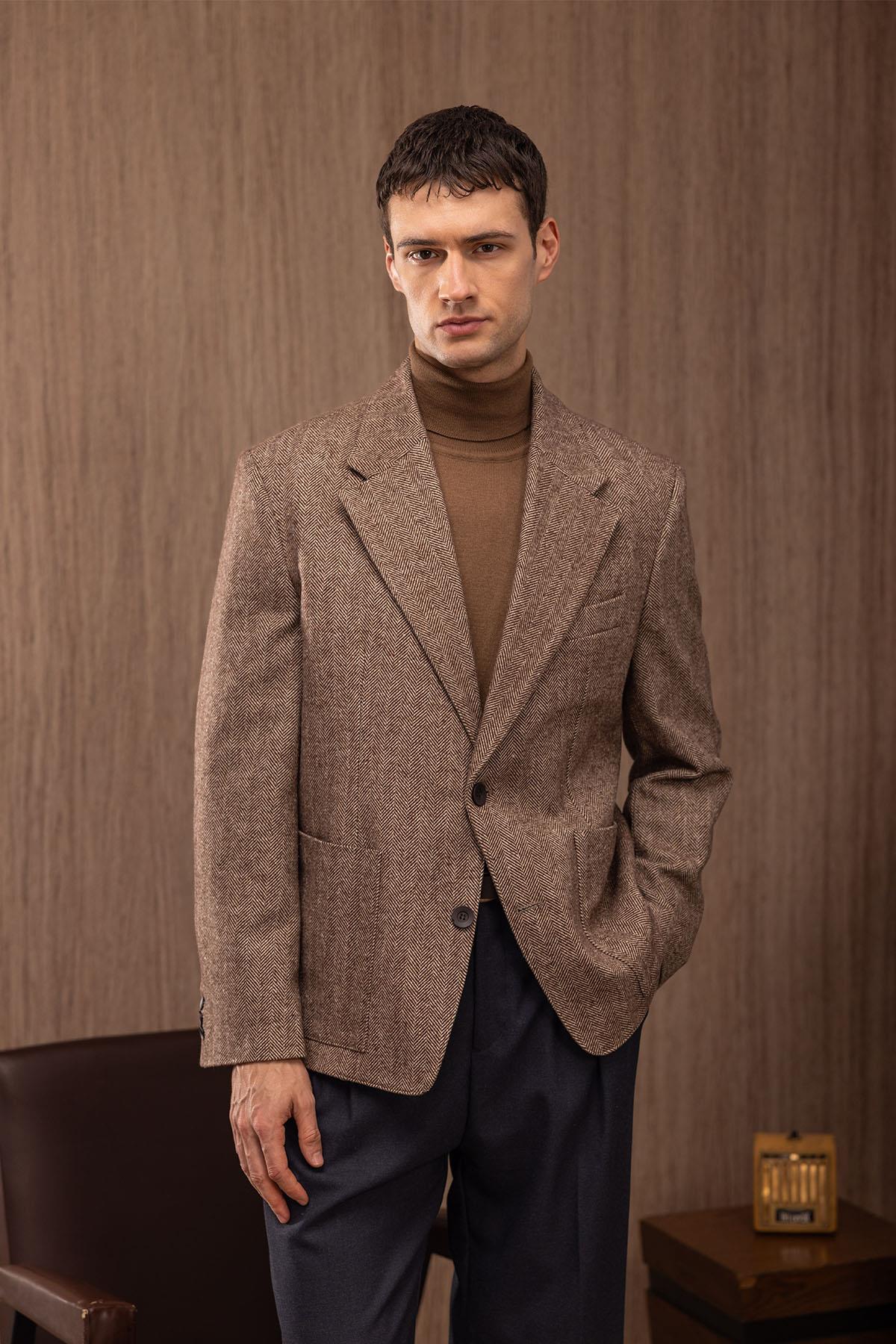 Antioch-Kahve Slim Fit Balıksırtı Desenli Erkek Blazer Ceket-Blazer Ceket-1-Milagron.com