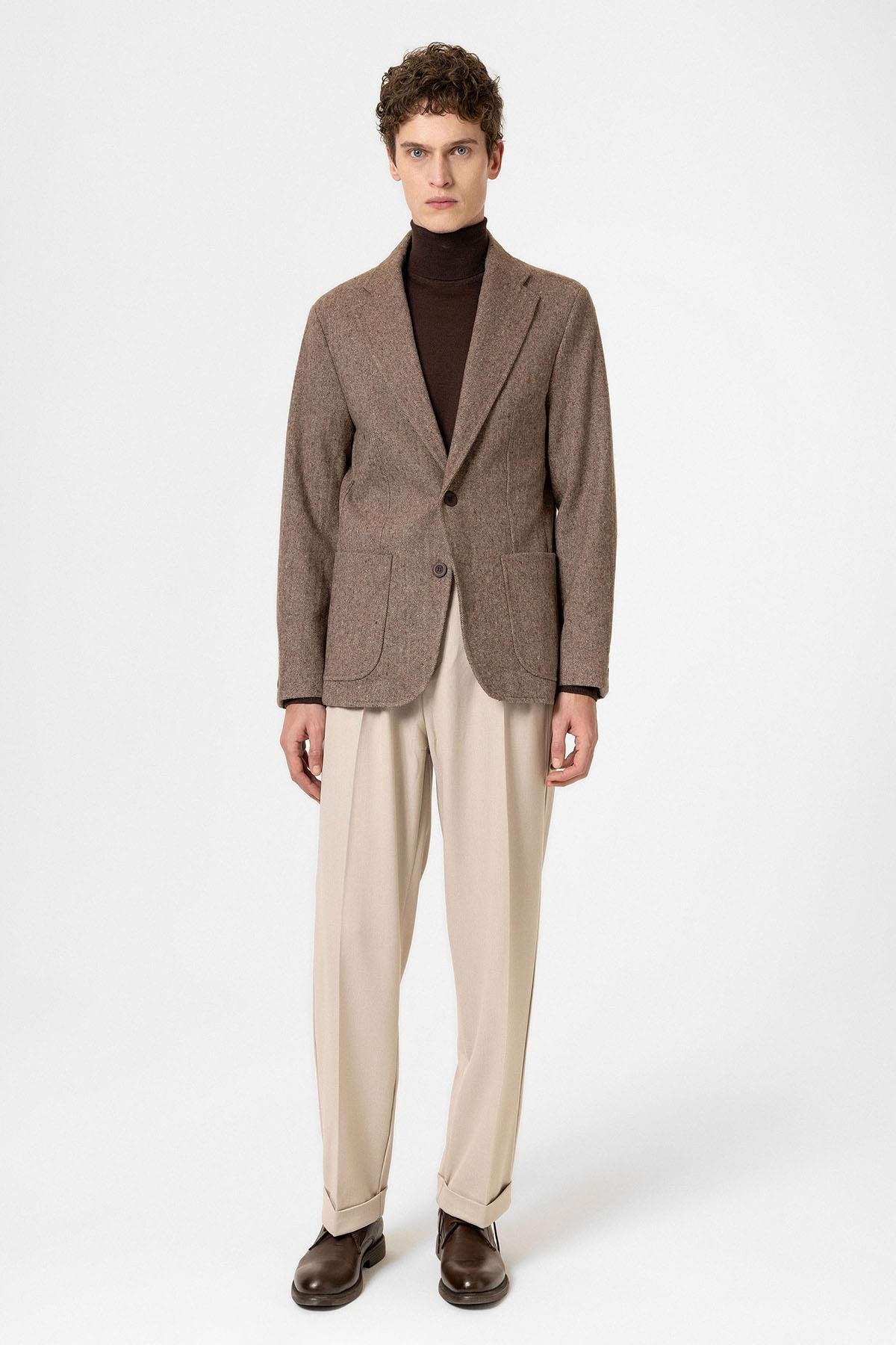 Antioch-Kahve Slim Fit Balıksırtı Desenli Erkek Blazer Ceket-Blazer Ceket-3-Milagron.com