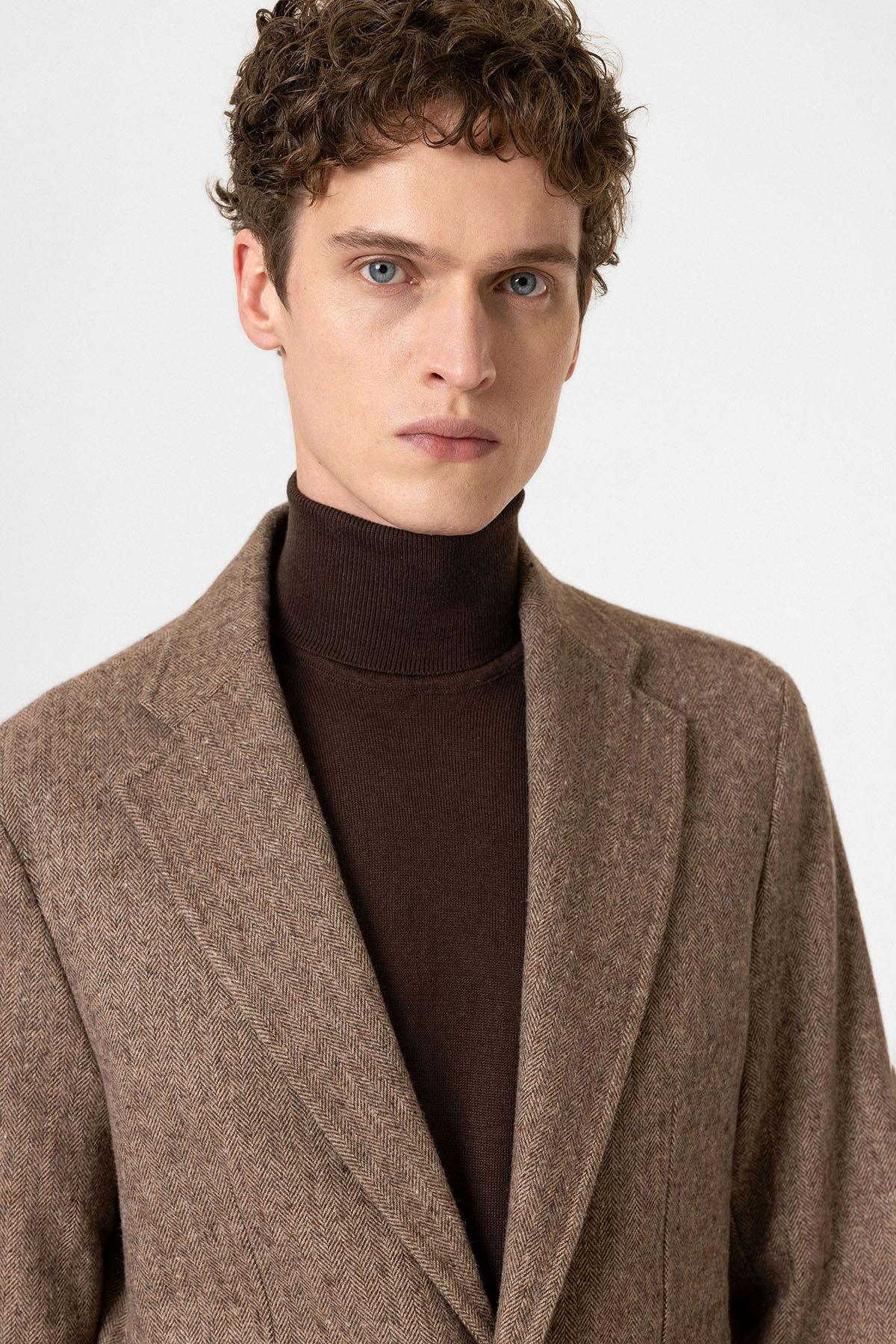 Antioch-Kahve Slim Fit Balıksırtı Desenli Erkek Blazer Ceket-Blazer Ceket-4-Milagron.com