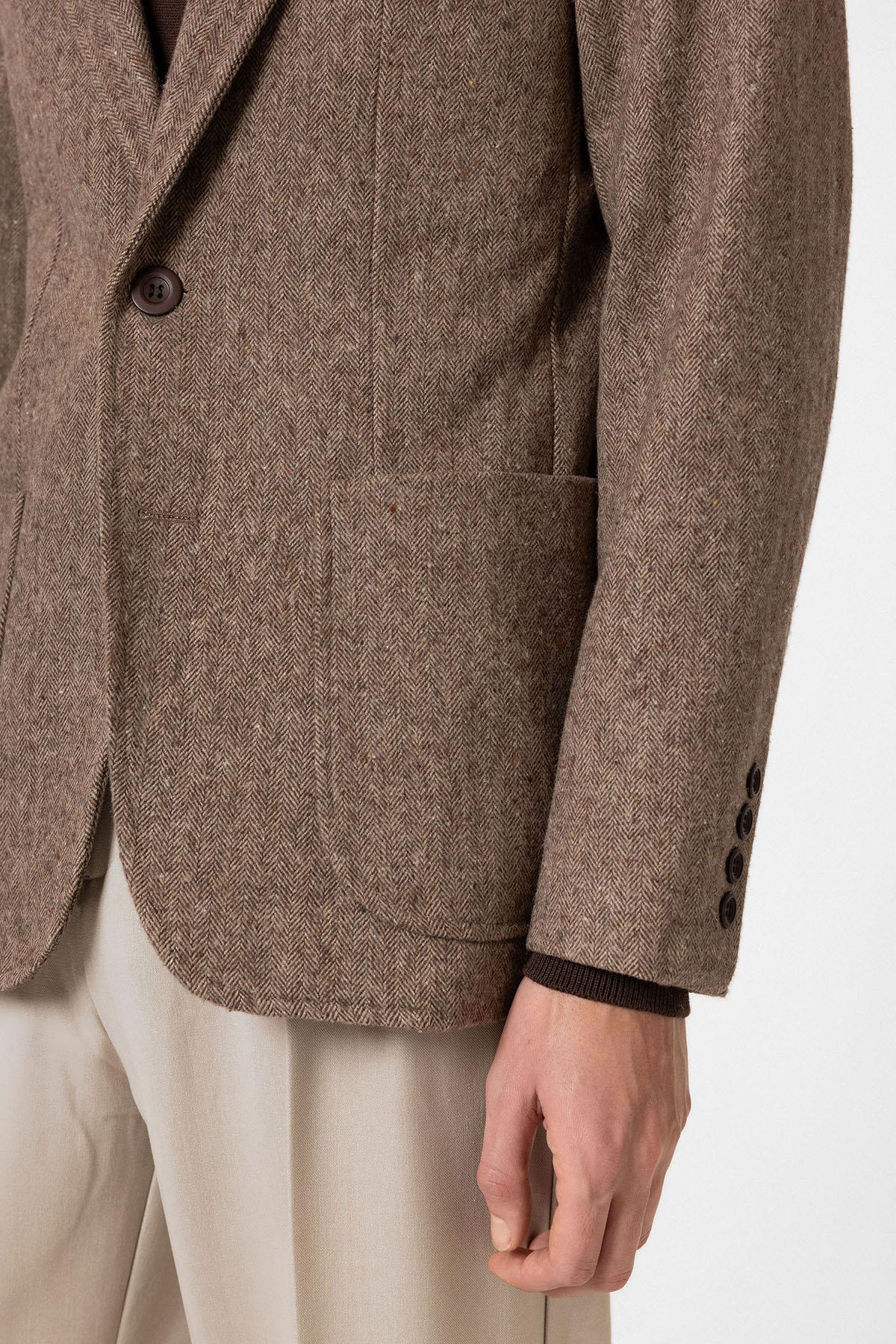 Antioch-Kahve Slim Fit Balıksırtı Desenli Erkek Blazer Ceket-Blazer Ceket-5-Milagron.com