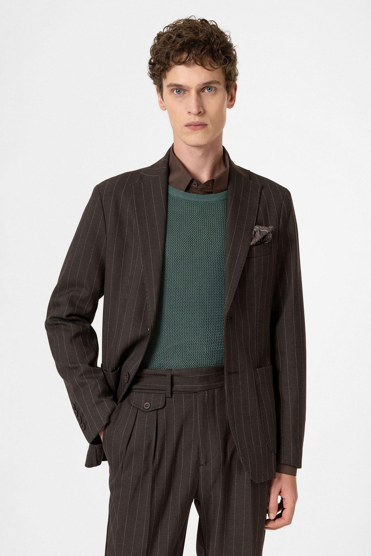 Antioch-Kahve Slim Fit Çizgili Erkek Blazer Ceket-Ceket-2-Milagron.com