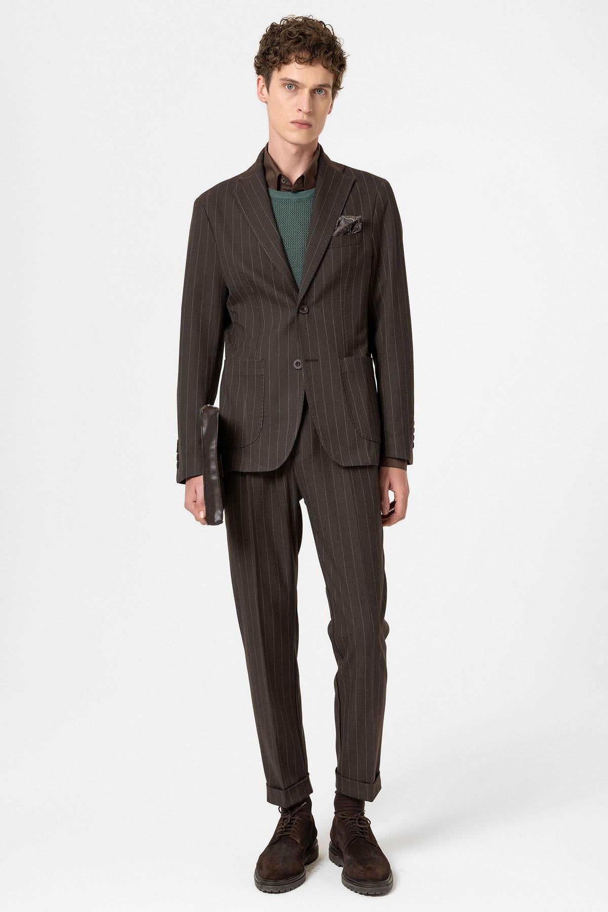 Antioch-Kahve Slim Fit Çizgili Erkek Blazer Ceket-Ceket-3-Milagron.com