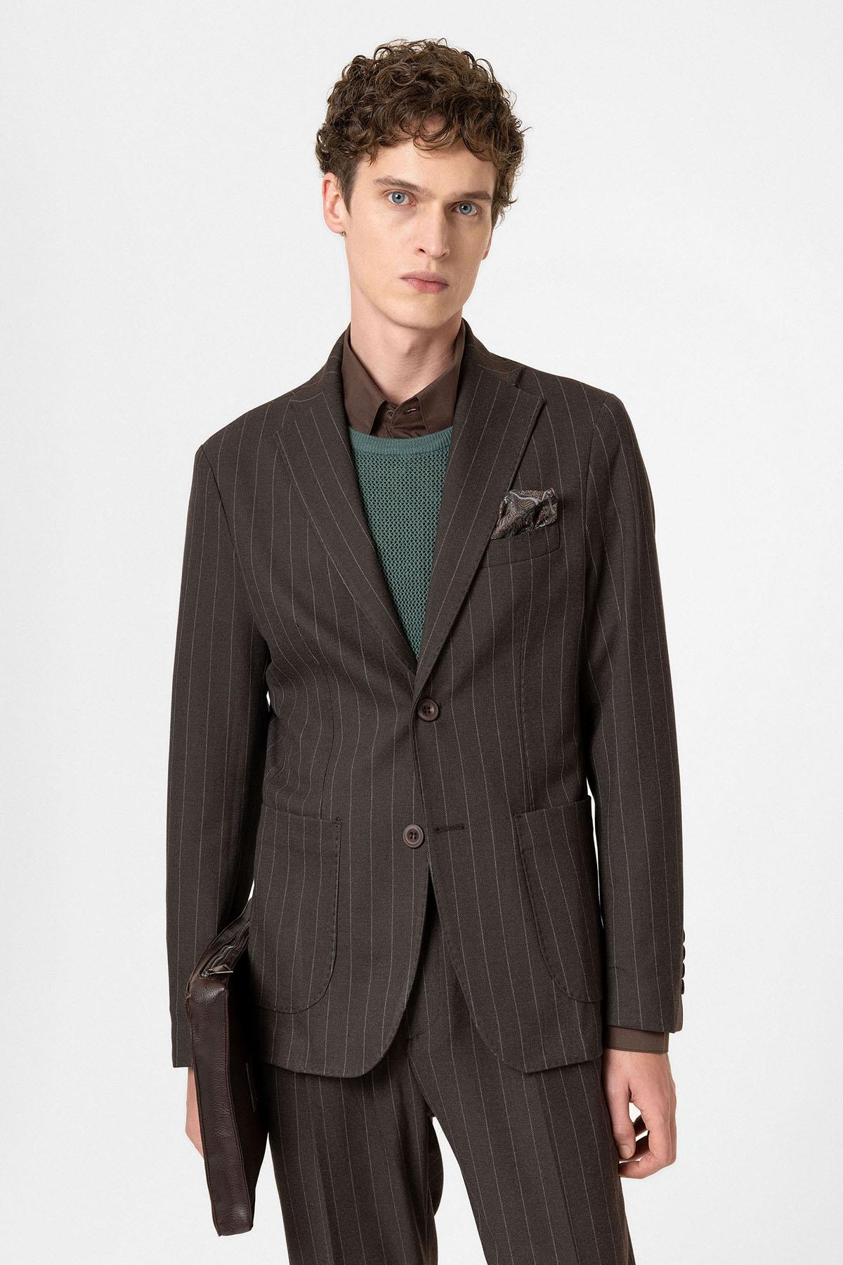 Antioch-Kahve Slim Fit Çizgili Erkek Blazer Ceket-Ceket-4-Milagron.com