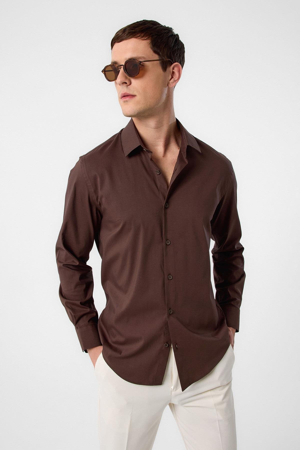 Antioch-Kahve Slim Fit Erkek Gömlek-Gömlek-1-Milagron.com
