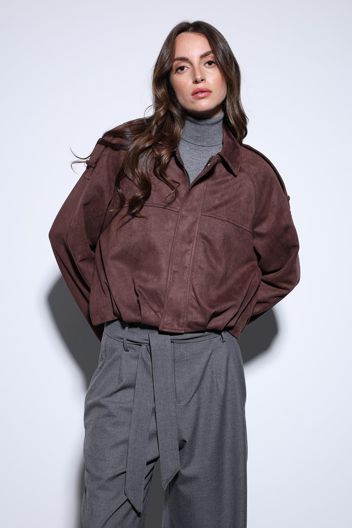 Antioch-Kahve Süet Görünümlü Bomber Kadın Mont-Mont-2-Milagron.com