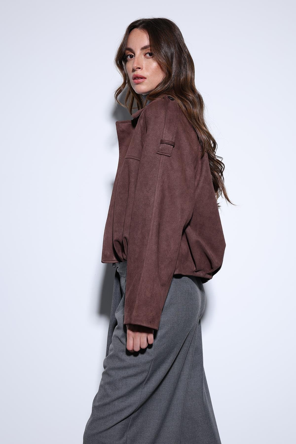 Antioch-Kahve Süet Görünümlü Bomber Kadın Mont-Mont-4-Milagron.com