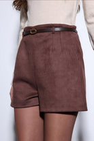 Antioch-Antioch Kahve Süet Görünümlü Pileli Kadın şort-Şort-5-Milagron.com