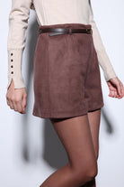 Antioch-Antioch Kahve Süet Görünümlü Pileli Kadın şort-Şort-6-Milagron.com