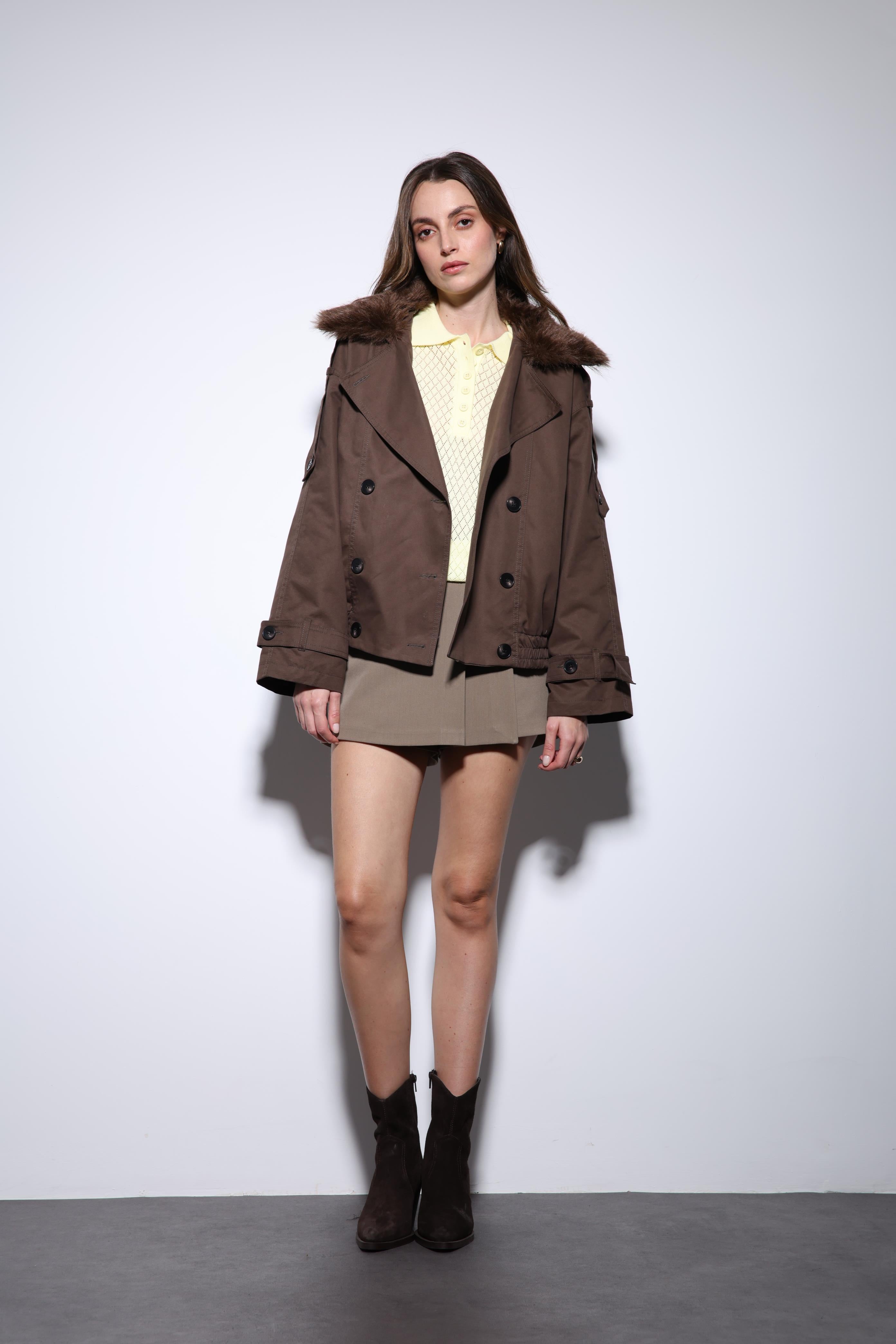 Antioch-Kahve Suni Kürklü Kısa Kadın Trençkot-Trençkot-3-Milagron.com