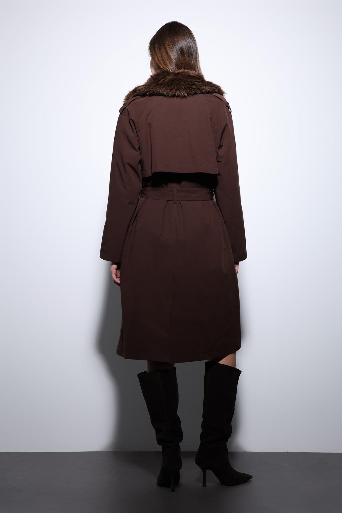 Antioch-Kahve Suni Kürklü Yaka Kadın Trençkot-Trençkot-9-Milagron.com