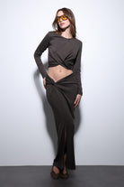 Antioch-Kahve Yırtmaç Detaylı Kadın Etek Takım-Takım-4-Milagron.com