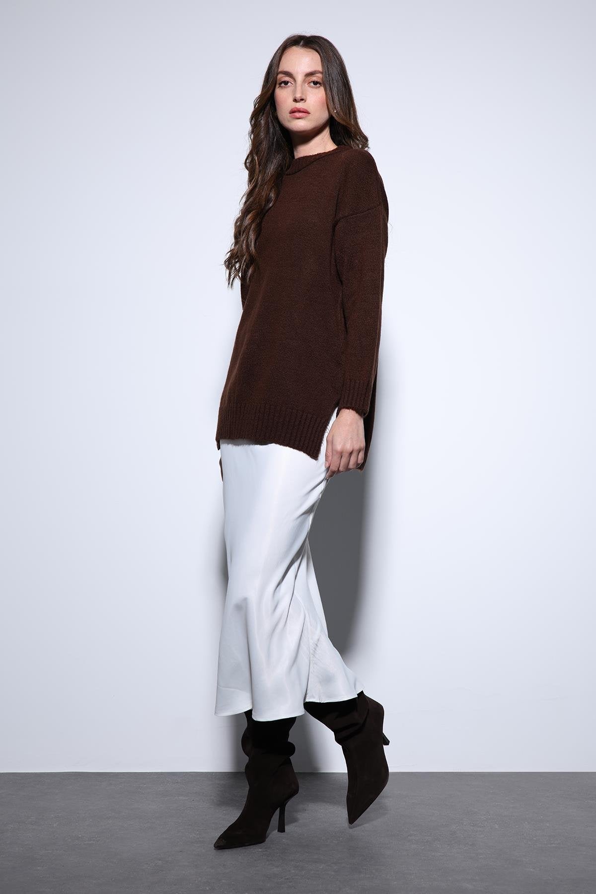 Antioch-Antioch Kahve Yırtmaç Detaylı Kadın Kazak-Kazak-4-Milagron.com