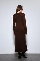 Antioch-Kahve Yırtmaç Detaylı Triko Elbise-Elbise-12-Milagron.com