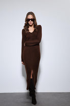 Antioch-Kahve Yırtmaç Detaylı Triko Elbise-Elbise-2-Milagron.com
