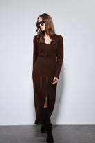 Antioch-Kahve Yırtmaç Detaylı Triko Elbise-Elbise-3-Milagron.com