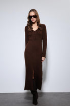 Antioch-Kahve Yırtmaç Detaylı Triko Elbise-Elbise-5-Milagron.com