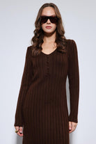 Antioch-Kahve Yırtmaç Detaylı Triko Elbise-Elbise-8-Milagron.com