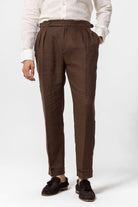 Antioch-Kahve Yüksek Bel %100 Keten Pileli Erkek Pantolon-Kumaş Pantolon-1-Milagron.com