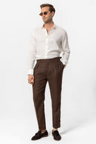 Antioch-Kahve Yüksek Bel %100 Keten Pileli Erkek Pantolon-Kumaş Pantolon-2-Milagron.com