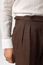 Antioch-Kahve Yüksek Bel %100 Keten Pileli Erkek Pantolon-Kumaş Pantolon-5-Milagron.com