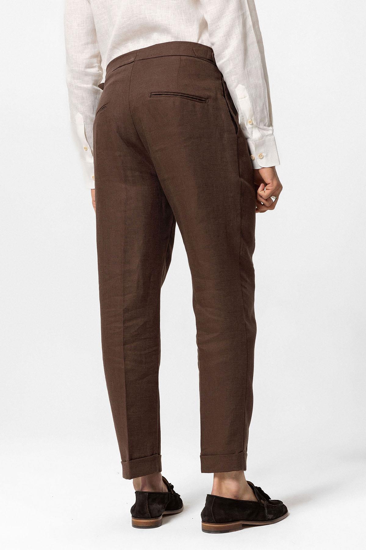 Antioch-Kahve Yüksek Bel %100 Keten Pileli Erkek Pantolon-Kumaş Pantolon-6-Milagron.com
