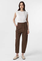 Antioch-Kahve Yüksek Bel Paçası Düğmeli Fit Kadın Pantolon-Kumaş Pantolon-3-Milagron.com