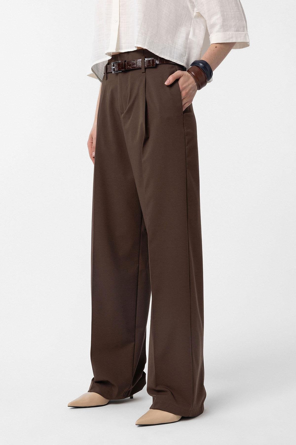 Antioch-Kahve Yüksek Bel Pilili Kadın Pantolon-Kumaş Pantolon-1-Milagron.com