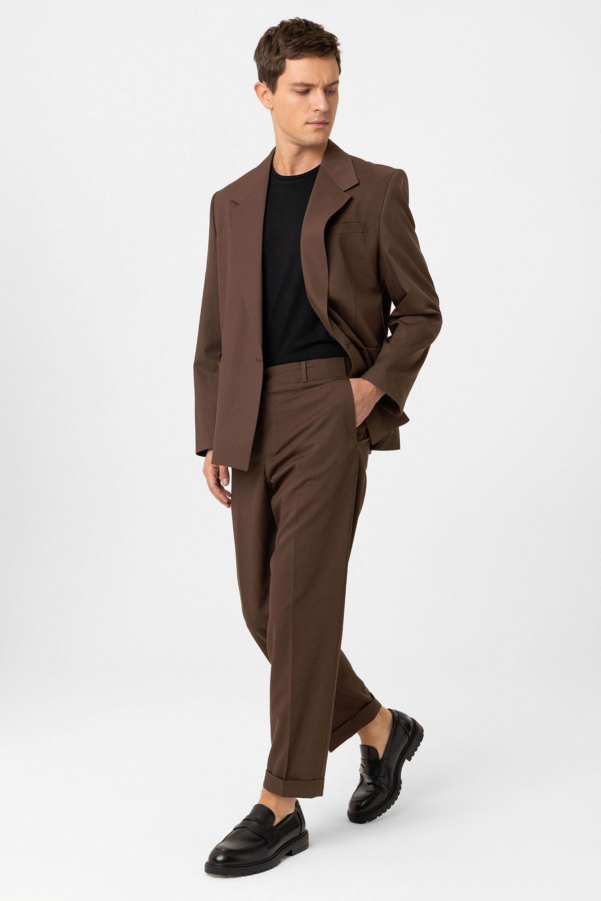 Antioch-Kahve Yüksek Bel Straight Fit Erkek Pantolon-Kumaş Pantolon-4-Milagron.com