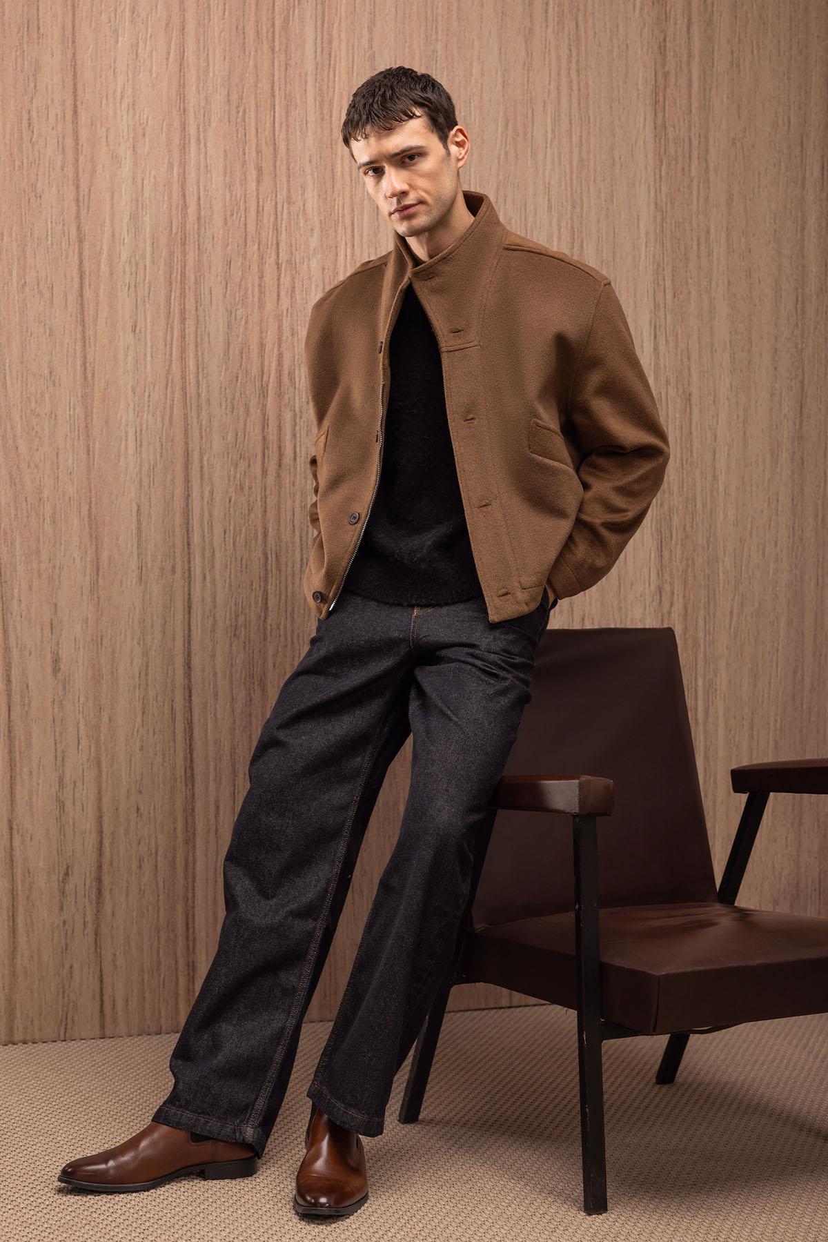 Antioch-Kahve Yün Karışımlı Dik Yaka Erkek Mont-Mont-1-Milagron.com