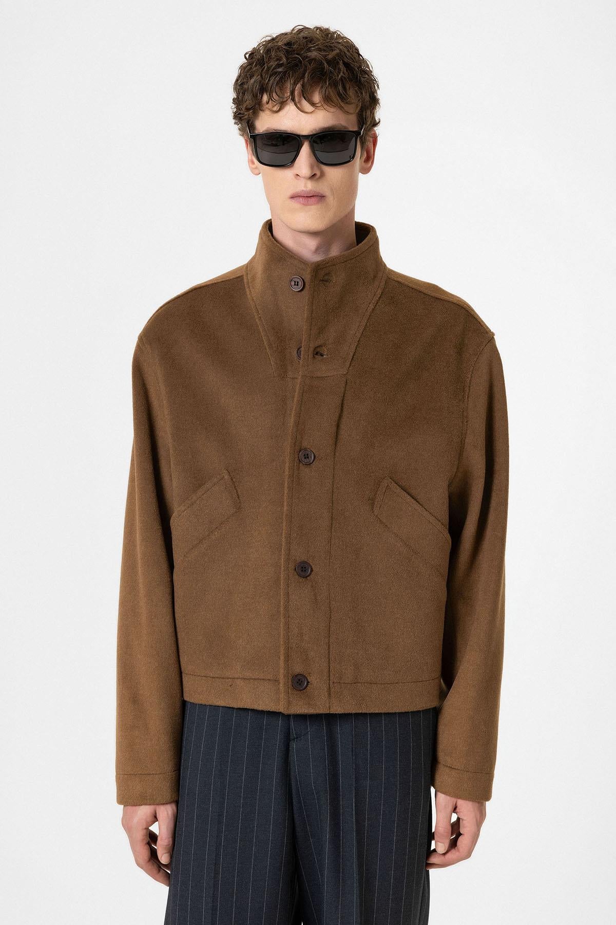 Antioch-Kahve Yün Karışımlı Dik Yaka Erkek Mont-Mont-4-Milagron.com