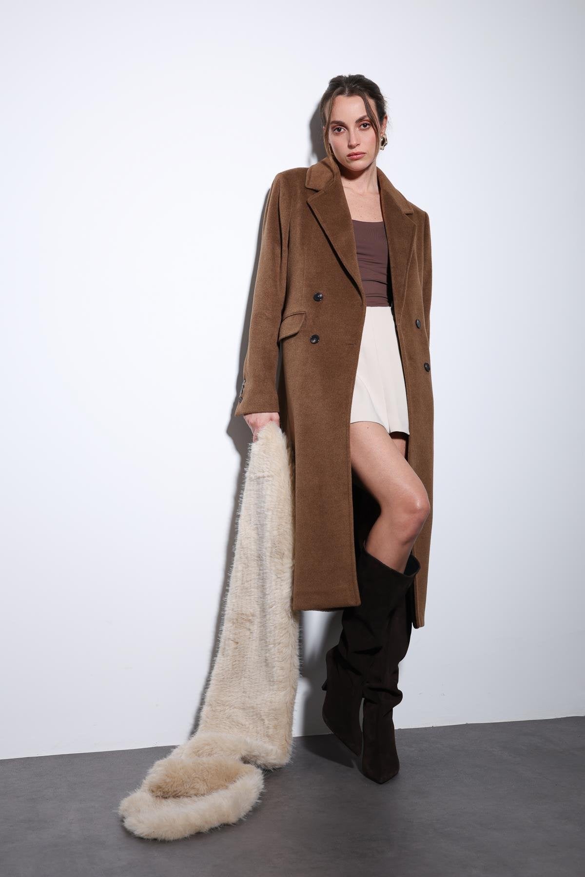 Antioch-Kahve Yün Karışımlı Kruvaze Kadın Kaban-Kaban-5-Milagron.com