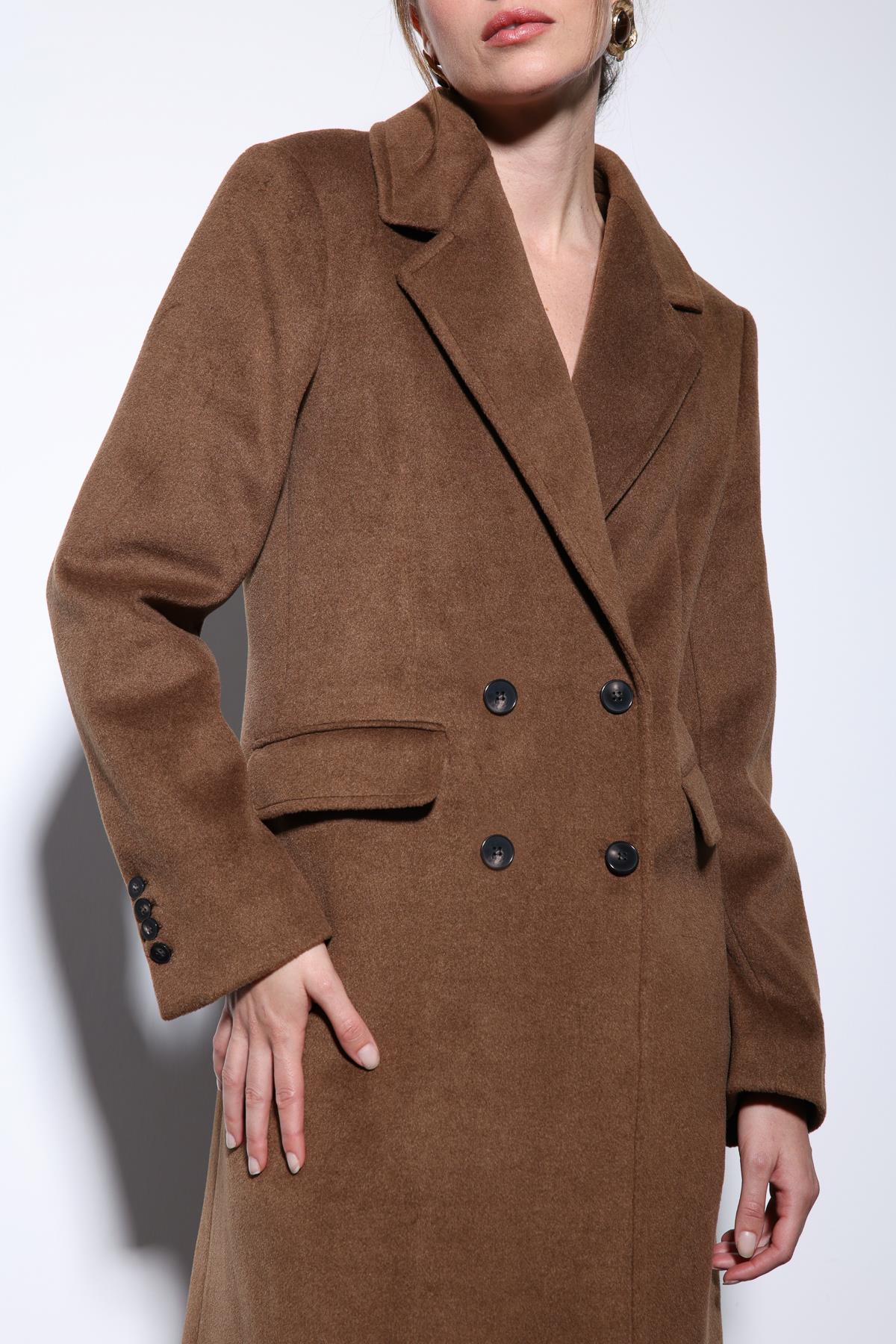 Antioch-Kahve Yün Karışımlı Kruvaze Kadın Kaban-Kaban-6-Milagron.com