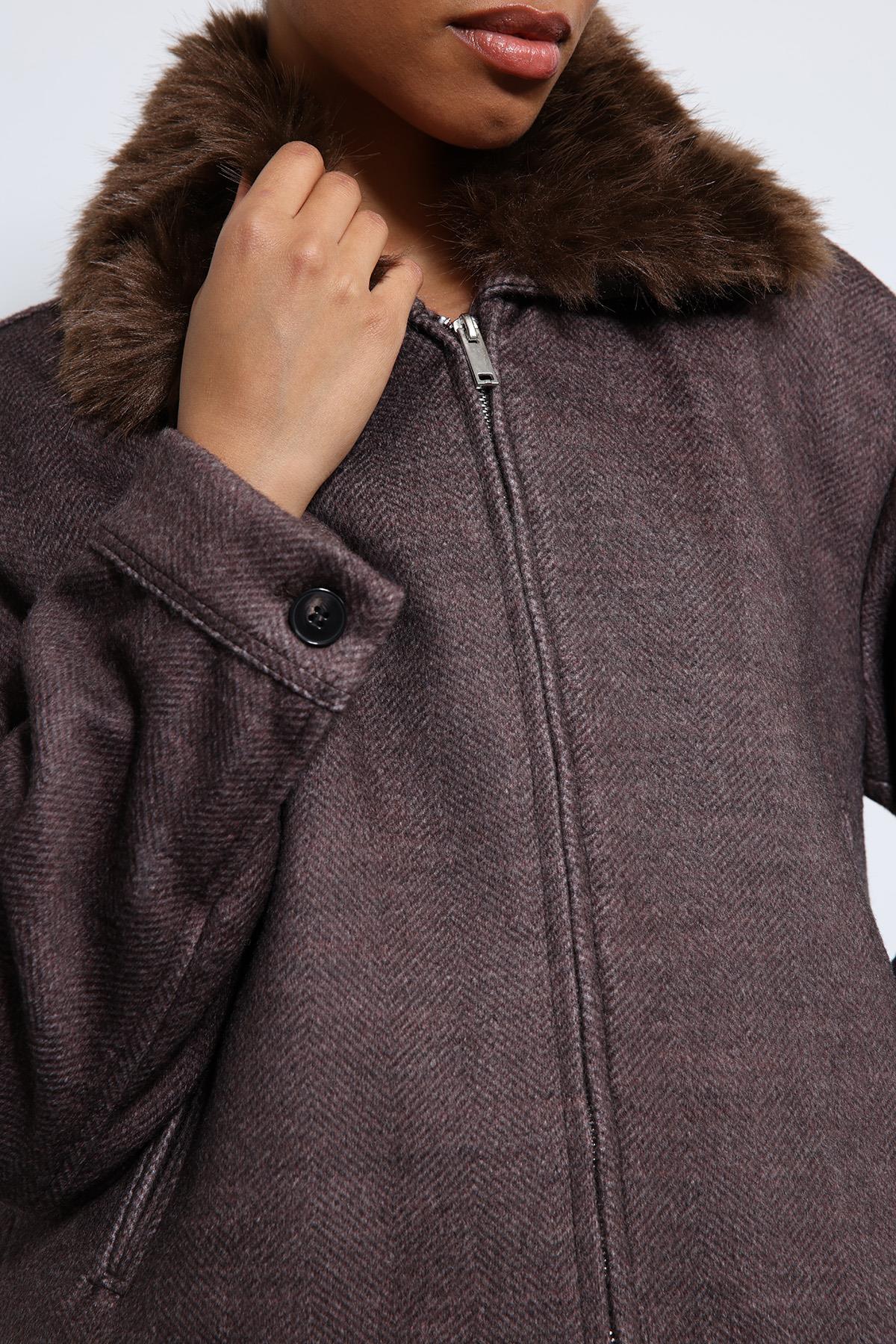 Antioch-Kahve Yün Karışımlı Suni Kürk Yaka Ceket-Ceket-10-Milagron.com