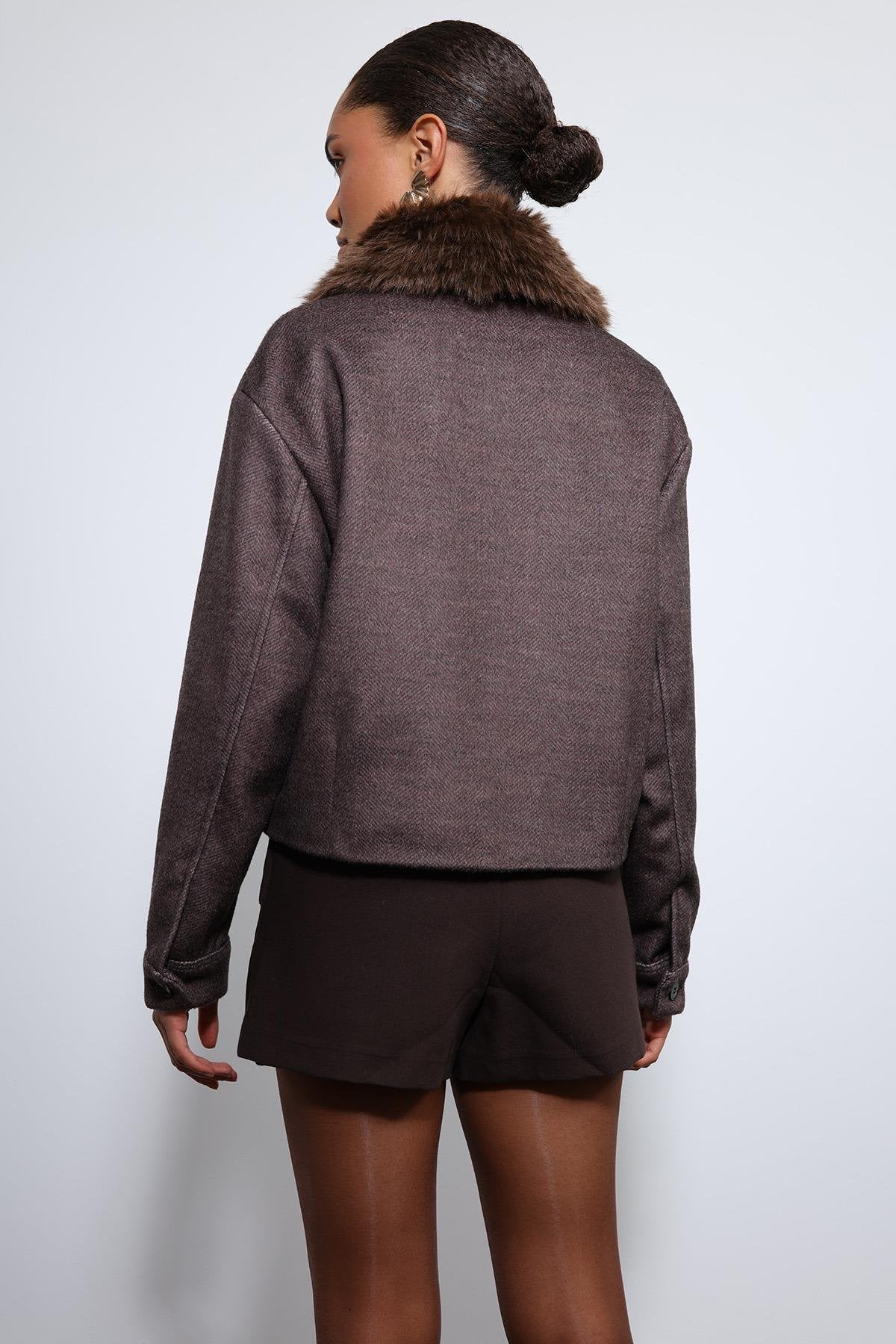 Antioch-Kahve Yün Karışımlı Suni Kürk Yaka Ceket-Ceket-11-Milagron.com