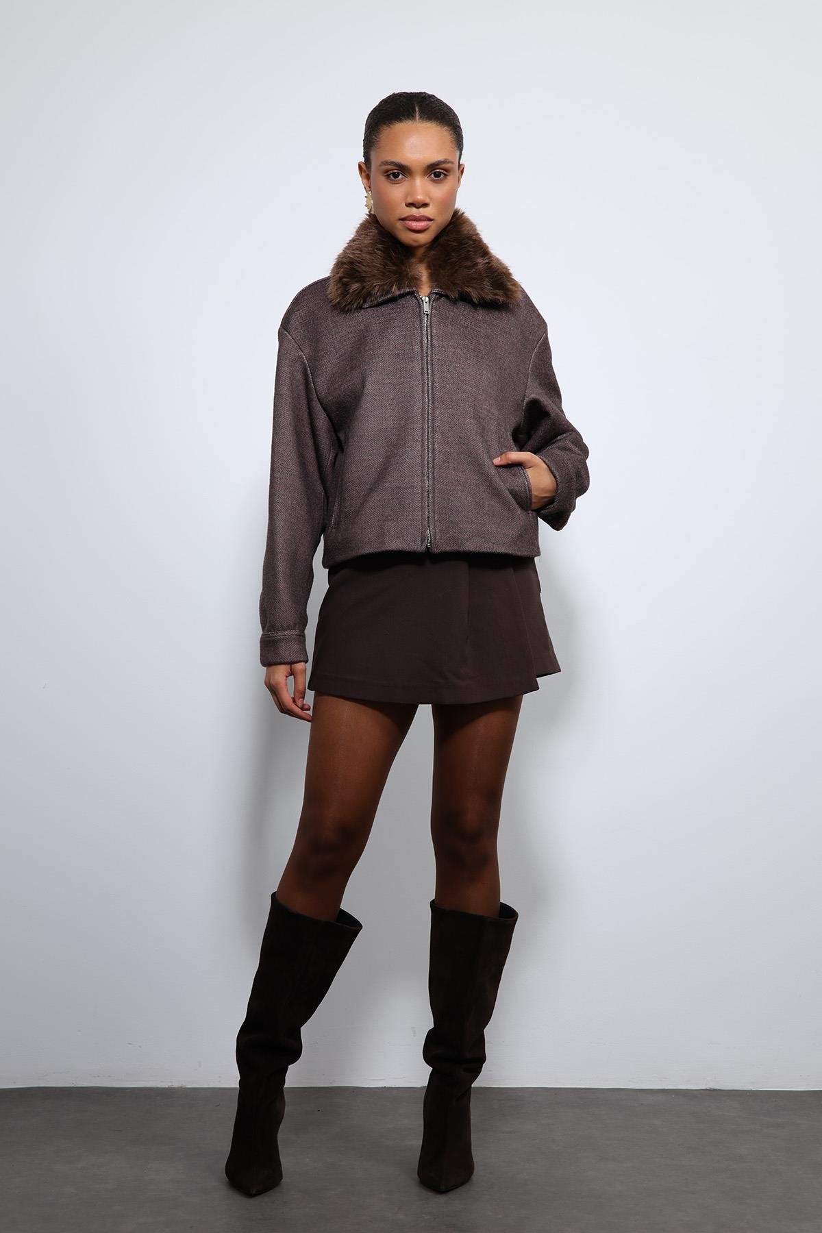 Antioch-Kahve Yün Karışımlı Suni Kürk Yaka Ceket-Ceket-3-Milagron.com