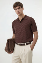 Antioch Kahve Zigzag Desenli Polo Yaka Triko Erkek T-Shirt