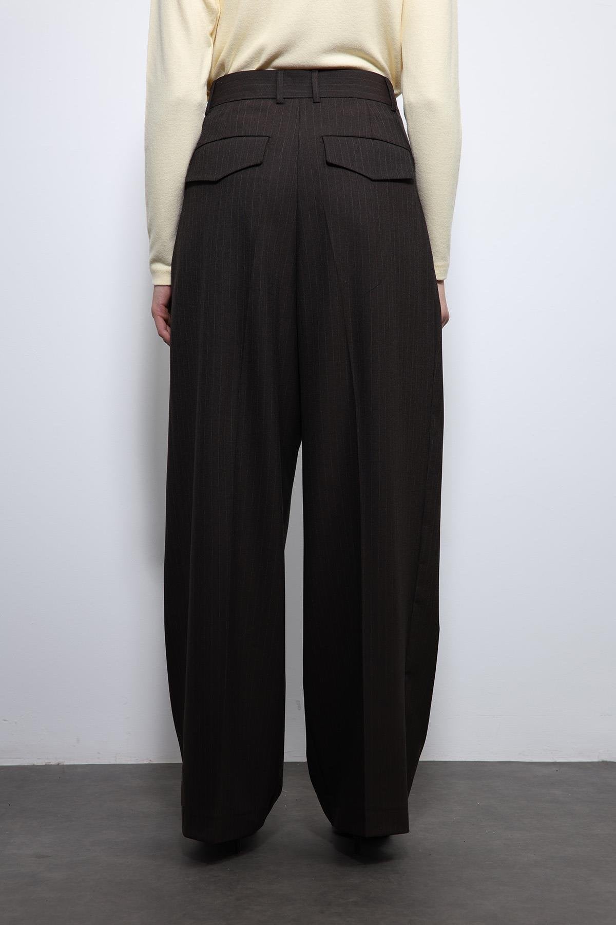 Antioch-Kahve çizgili Geniş Paça Pantolon-Kumaş Pantolon-8-Milagron.com