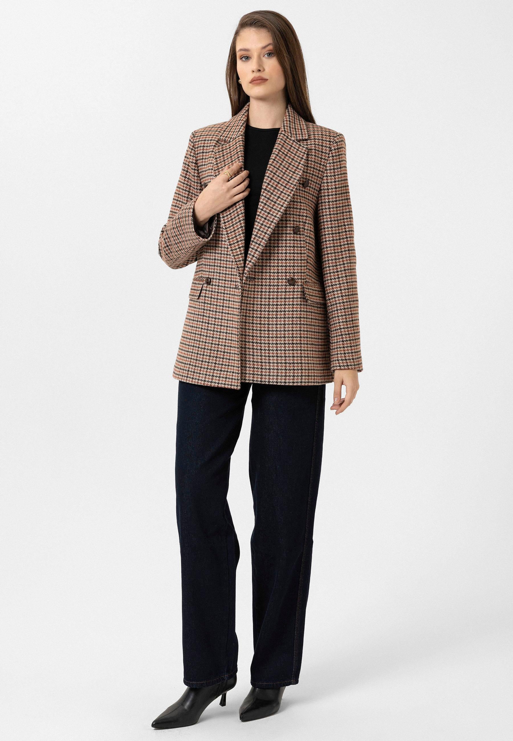 Antioch-Kiremit Kadın Kazayağı Desenli Blazer Ceket-Blazer Ceket-4-Milagron.com