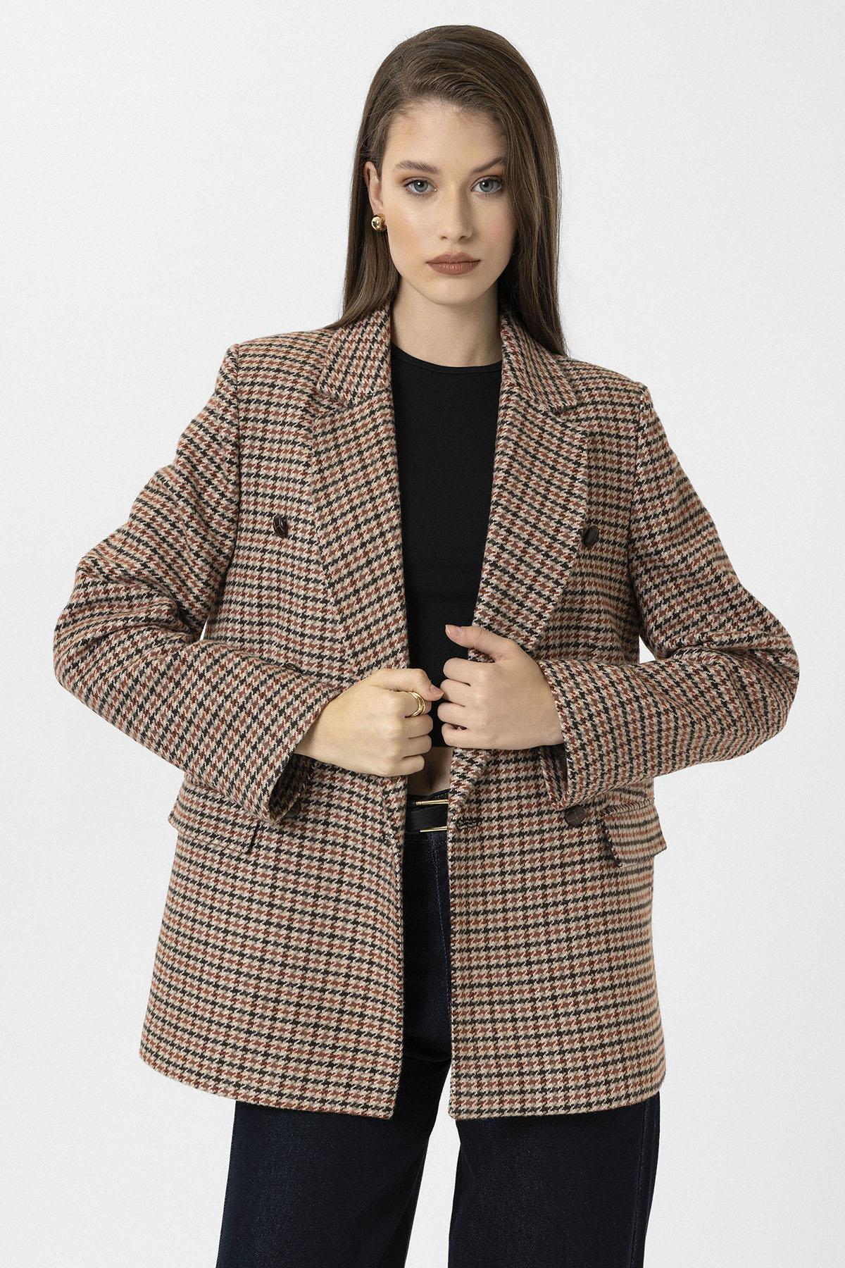 Antioch-Kiremit Kadın Kazayağı Desenli Blazer Ceket-Ceket-5-Milagron.com