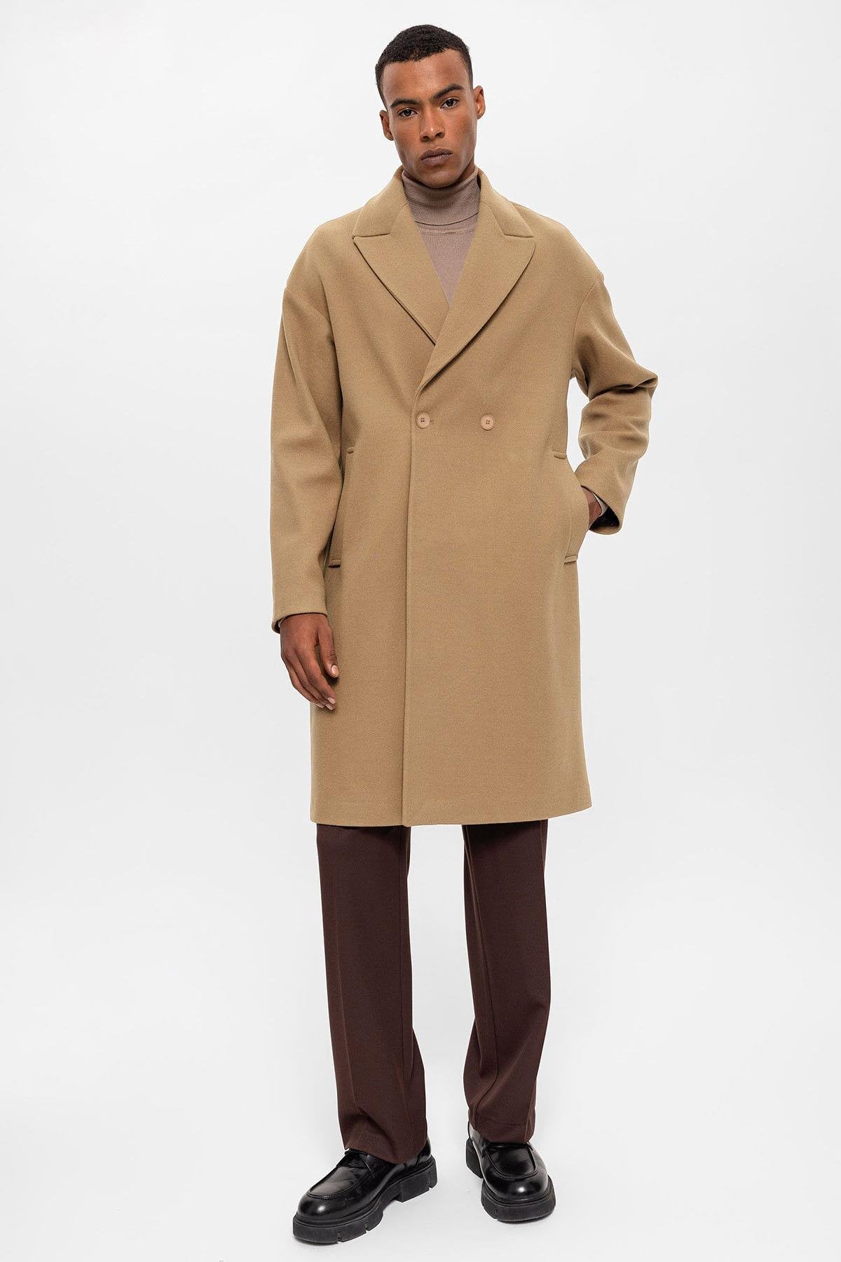 Antioch-Koyu Bej Oversize Kruvaze Erkek Kaban-Kaban-1-Milagron.com